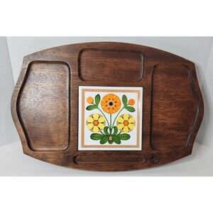 Vintage 70s Gail Craft Wood & Ceramic Cheese Board